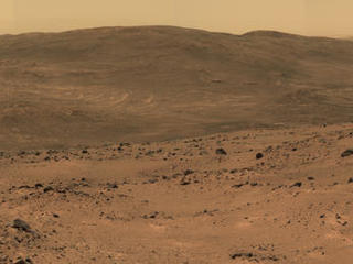 This section from a panorama that NASA's Mars Exploration Rover Spirit acquired in October 2005 from the top of "Husband Hill" presents the view toward the south from that summit.