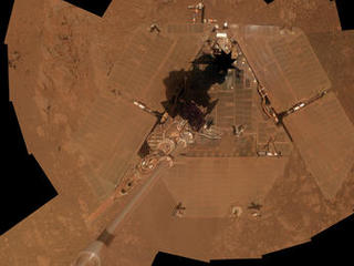 NASA's Mars Exploration Rover Opportunity recorded the component images for this self-portrait about three weeks before completing a decade of work on Mars.