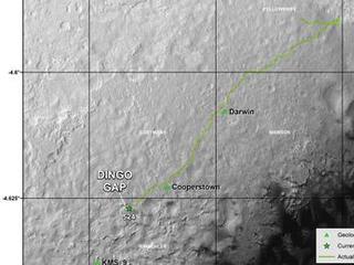 This map shows the route that NASA's Curiosity Mars rover drove inside Gale Crater from its landing in August 2013 through the 524th Martian day, or sol, of the mission (Jan. 26, 2004).