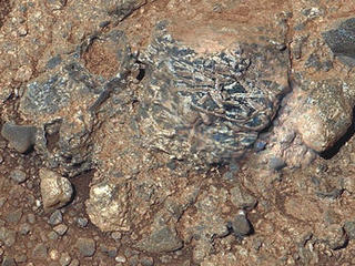 This view of a Martian rock target called "Harrison" merges images from two cameras on NASA's Curiosity Mars rover to provide both color and microscopic detail.
