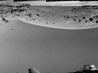 This mosaic of images from the Navigation Camera (Navcam) on NASA's Mars rover Curiosity shows the terrain to the west from the rover's position on the 528th Martian day, or sol, of the mission (Jan. 30, 2014).