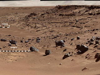 This view combines several frames taken by the Mast Camera (Mastcam) on NASA's Mars rover Curiosity, looking into a valley to the west from the eastern side of a dune at the eastern end of the valley.