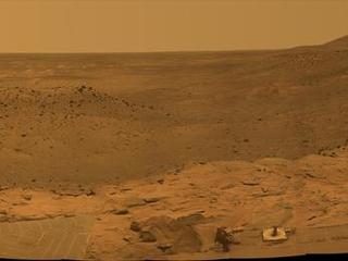 NASA'S Mars Exploration Rover Spirit captured this westward view from atop a low plateau where Sprit spent the closing months of 2007.