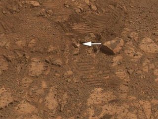 This image from the panoramic camera (Pancam) on NASA's Mars Exploration Rover Opportunity shows the location of a rock called "Pinnacle Island" before it appeared in front of the rover in early January 2014.