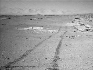 NASA's Curiosity Mars rover used its Navigation Camera (Navcam) for this look back after finishing a long drive on Feb. 19, 2014. The rows of rocks just to the right of the fresh wheel tracks in this view are an outcrop called "Junda."  This view is looking toward the east-northeast.
