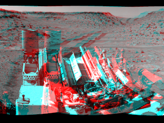 This stereo scene looking back at where Curiosity crossed a dune at "Dingo Gap" combines several exposures taken by the Navigation Camera (Navcam) high on the rover's mast.