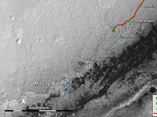 This map shows the route driven by NASA's Mars rover Curiosity through the 561st Martian day, or sol, of the rover's mission on Mars (March 5, 2014).