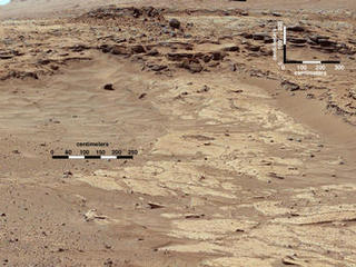 Sandstone layers with varying resistance to erosion are evident in this Martian scene recorded by the Mast Camera on NASA's Curiosity Mars rover on Feb. 25, 2004, about one-quarter mile (about 400 meters) from a planned waypoint called "the Kimberley."