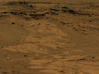 Sandstone layers with varying resistance to erosion are evident in this Martian scene recorded by the Mast Camera on NASA's Curiosity Mars rover on Feb. 25, 2004, about one-quarter mile (about 400 meters) from a planned waypoint called "the Kimberley."