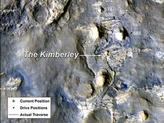 This map shows the route driven by NASA's Curiosity Mars in its approach to and April 1, 2014, arrival at a waypoint called "the Kimberley," which rover team scientists chose in 2013 as the location for the mission's next major investigations.