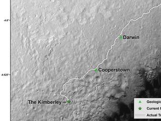 This map shows the route driven by NASA's Curiosity Mars rover from the "Bradbury Landing" location where it landed in August 2012 (the start of the line in upper right) to a major waypoint called "the Kimberley."