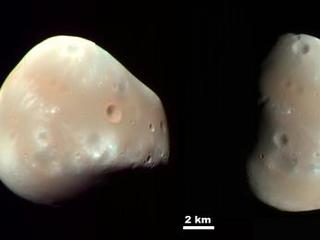 Deimos has a smooth surface due to a blanket of fragmental rock or regolith, except for the most recent impact craters. It is a dark, reddish object, very similar to Mars' other moon, Phobos.