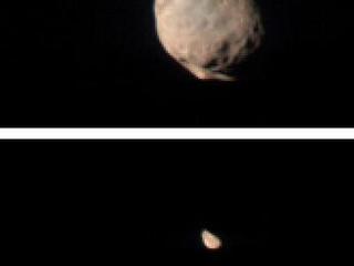 These two images show Mars' two small moons, Phobos and Deimos in color.  Phobos is the bigger moon and it is at the top, while Deimos is the smaller moon and is at the bottom.  Both are odd, potato-shaped.