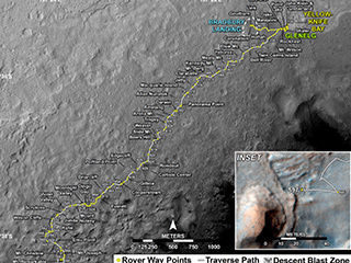 This map shows the route driven by NASA's Mars rover Curiosity through the 597 Martian day, or sol, of the rover's mission on Mars (April 11, 2014).