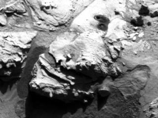 Mars, sandstone, rock, drilling, windjana, waypoint, kimberley - This black and white image shows the two holes drilled into the sandstone Windjana.