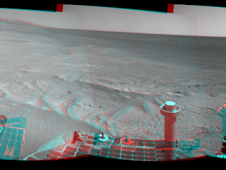 The component images for this stereo, 360-degree panorama were taken by the navigation camera on NASA's Mars Exploration Rover Opportunity after the rover drove about 97 feet (29.5 meters) during the mission's 3,642nd Martian day, or sol (April 22, 2014).
