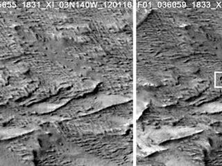 These images from the Context Camera on NASA's Mars Reconnaissance Orbiter were taken before and after an apparent impact scar appeared in the area in March 2012. Comparing the Jan. 16, 2012, image (left) with the April 6, 2014, one (right) confirms that fresh craters appeared during the interval.