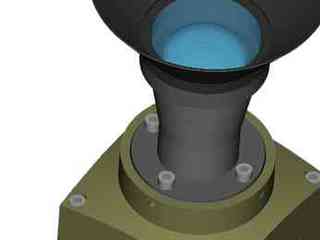 The image shows a camera lens shaped rather like the business end of a tuba, with the forward edges flaring outward from a central cylinder.