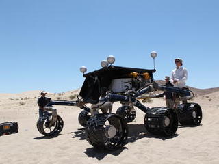 mars rover, desert, dune, test, Scarecrow - Waiting on the sand for its test drive to support Mars rover Curiosity is the car-size Scarecrow rover.