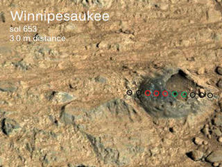 Scientists used the ChemCam instrument on NASA's Curiosity Mars rover to examine a Martian rock "shell" about one inch across, embedded in bedrock and with a hollow interior.  This graphic combines an image of the target with results from using ChemCam's laser on the rock and adjacent points