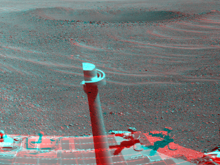 This stereo view from NASA's Mars Exploration Rover Opportunity shows "Lunokhod 2 Crater."