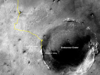 NASA's Mars Exploration Rover Opportunity, working on Mars since January 2004, passed 25 miles of total driving on the July 27, 2014. The gold line on this map shows Opportunity's route from the landing site inside Eagle Crater, in upper left, to its location after the July 27 (Sol 3735) drive.