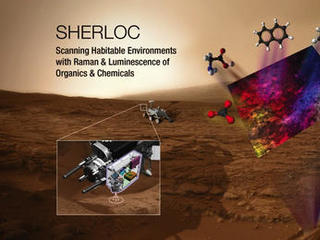 This image shows the SHERLOC instrument for the Mars 2020 rover superimposed on a Mars image.