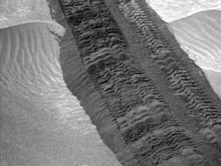 This image from the Navigation Camera on NASA's Curiosity Mars rover shows wheel tracks printed by the rover as it drove on the sandy floor of a lowland called "Hidden Valley" on the route toward Mount Sharp.