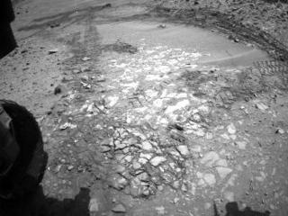 The pale rocks in the foreground of this fisheye image from NASA's Curiosity Mars rover include the "Bonanza King" target under consideration to become the fourth rock drilled by the Mars Science Laboratory mission
