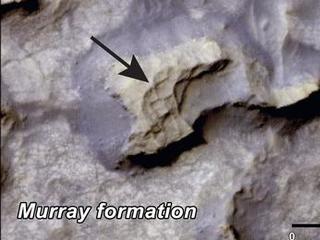 This image shows a mesa (grayish) within the "Murray Buttes" area on Mars showing a complex fracture pattern (black arrow) protruding from the eroding rock.