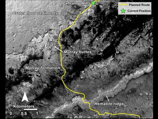 This image shows the planned route (in yellow) of NASA's Curiosity rover from "Pahrump Hills" at the base of Mount Sharp, through the "Murray Formation," and south to the hematite ridge further up the flank of Mount Sharp.  The rover's location is near Pahrump Hills noted with a green star on the top right of the image.