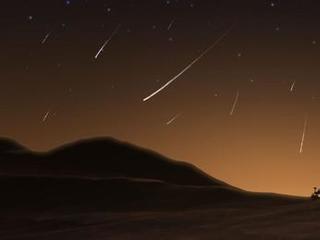 This image shows a nighttime image of Mars with Curiosity at the top of a mountain, as shiny, bright rays light up the night sky.
