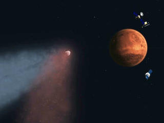 Artist's concept of Comet Siding Spring approaching Mars, shown with NASA's orbiters preparing to make science observations of this unique encounter.