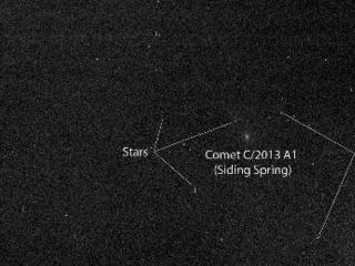 Researchers used the panoramic camera (Pancam) on NASA's Mars Exploration Rover Opportunity to capture this view of comet C/2013 A1 Siding Spring as it passed near Mars on Oct. 19, 2014.