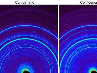 This side-by-side comparison shows the X-ray diffraction patterns of two different samples collected from rocks on Mars by NASA's Curiosity rover. The images present data obtained by Curiosity's Chemistry and Mineralogy instrument (CheMin).