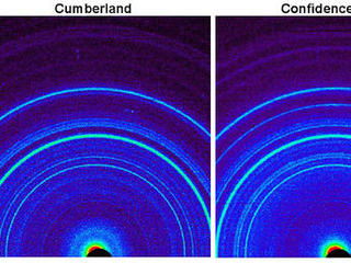 This side-by-side comparison shows the X-ray diffraction patterns of two different samples collected from rocks on Mars by NASA's Curiosity rover. The images present data obtained by Curiosity's Chemistry and Mineralogy instrument (CheMin).