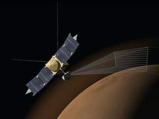 This illustration depicts the Imaging Ultraviolet Spectrograph (IUVS) on NASA's MAVEN spacecraft scanning the upper atmosphere of Mars.