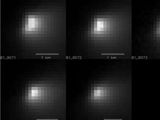Five images of comet Siding Spring taken within a 35-minute period as it passed near Mars on Oct. 19, 2014, provide information about the size of the comet's nucleus. The images were acquired by the High Resolution Imaging Science Experiment (HiRISE) camera on NASA's Mars Reconnaissance Orbiter.