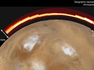 This graphic depicts what Mars' atmosphere would have looked like to a viewer with ultraviolet-seeing eyes after a meteor shower on Oct. 19, 2014. It combines an image from the Imaging Ultraviolet Spectrograph on NASA's MAVEN spacecraft with an illustration of how the atmosphere lies over Mars.