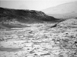 The first demonstration of NASA's MAVEN Mars orbiter's capability to relay data from a Mars surface mission, on Nov. 6, 2014, included this and other images from NASA's Curiosity Mars rover. The image was taken Oct. 23, 2014, by Curiosity's Navigation Camera, showing part of "Pahrump Hills" outcrop.