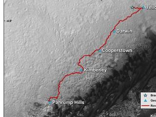 This map shows the route driven by NASA's Curiosity Mars rover from the location where it landed in August 2012 to the "Pahrump Hills" outcrop at the base of Mount Sharp.