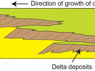 This diagram depicts a vertical cross section through geological layers deposited by rivers, deltas and lakes. Deposits from a series of successive deltas build out increasingly high in elevation as they migrate toward the center of the basin, over lake deposits.