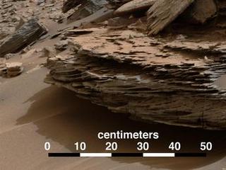 This view from the Mastcam on NASA's Curiosity Mars rover shows an example of cross-bedding that results from water  passing over a loose bed of sediment. It was taken Nov. 2, 2014, at a target called "Whale Rock" within the "Pahrump Hills" outcrop at the base of Mount Sharp.