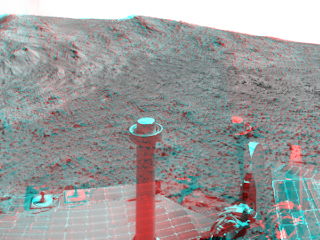 NASA's Mars Exploration Rover Opportunity recorded this stereo view of the summit of "Cape Tribulation," on the western rim of Endeavour Crater, on the day before the rover drove to the top.