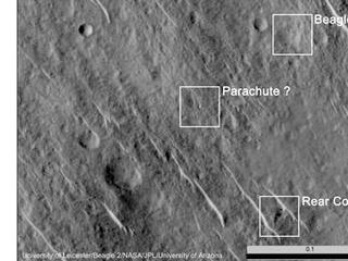 This annotated image shows where features seen in an observation by NASA's Mars Reconnaissance Orbiter have been interpreted as hardware from the Dec. 25, 2003, arrival at Mars of the United Kingdom's Beagle 2 Lander.