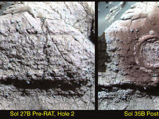 This image from the Mars Exploration Rover Opportunity's panoramic camera shows the results of the second drilling by the rock abrasion tool, located on the rover's instrument deployment device, or "arm."