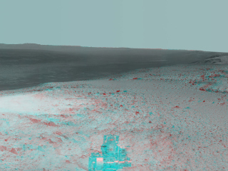 This stereo panorama shows the view NASA's Mars Exploration Rover Opportunity gained from the top of the "Cape Tribulation" segment of the rim of Endeavour Crater.