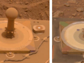 These two images from 10 days apart show that dust was removed from the panoramic camera's calibration target on NASA's Mars Exploration Rover Spirit.