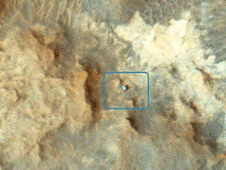 NASA's Curiosity Mars rover can be seen at the "Pahrump Hills" area of Gale Crater in this view from the High Resolution Imaging Science Experiment (HiRISE) camera on NASA's Mars Reconnaissance Orbiter.