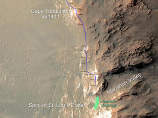 In February 2015, NASA's Mars Exploration Rover Opportunity is approaching a cumulative driving distance on Mars equal to the length of a marathon race. This map shows the rover's position relative to where it could surpass that distance.